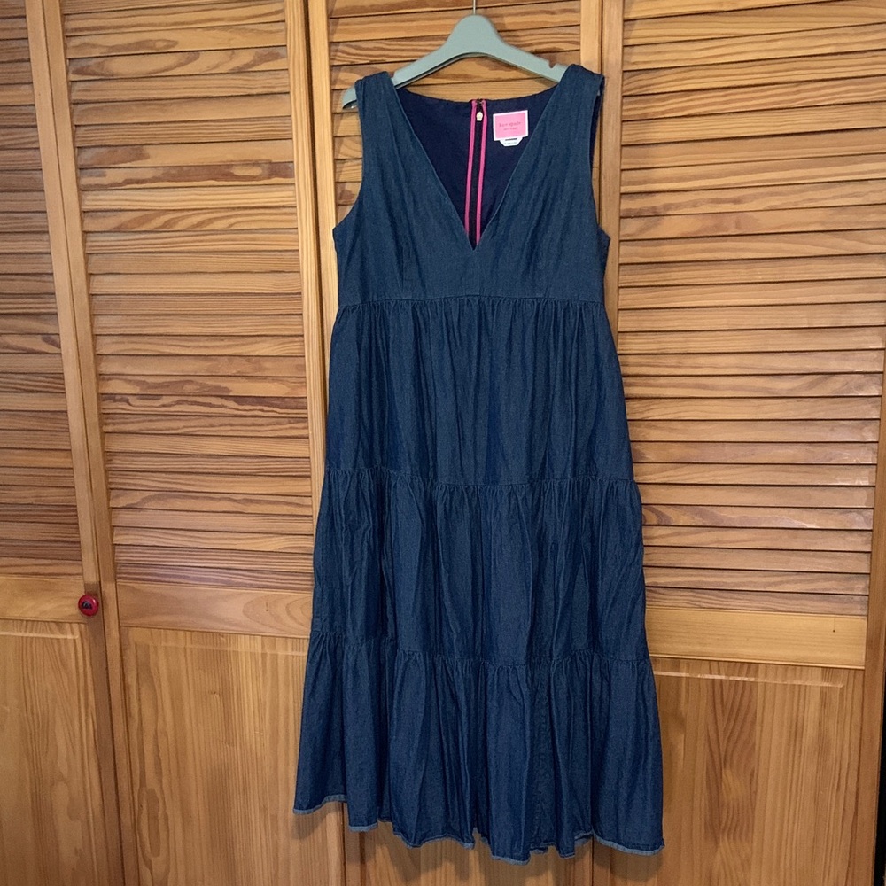 Kate Spade Deep Blue Midi Vineyard dress denim zip back tiered a line size 14 - Picture 3 of 12